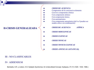  CRISIS DE AUSENCIA
 Compromiso de la conciencia solamente
 Con leve componente clónico
 Con componente atónico
 Con componente tónico.
 Con automatismos
 Con componente autonómico (de b a f pueden ser
usados solos o en combinación)
 CRISIS DE AUSENCIA ATÍPICA
 CRISIS MIOCLONICAS
 CRISIS CLONICAS
 CRISIS TONICAS
 CRISIS TONICO-CLONICAS
 CRISIS ATONICAS (ASTATICAS)
II-CRISIS GENERALIZADA
III - NO CLASIFICABLES
IV- ADDENDUM
Benbadis, S.R. y Lüders, H.O. Epileptic Syndromes: An Underutilized Concept. Epilepsia, 37 (11):1029 - 1034, 1996.)
 