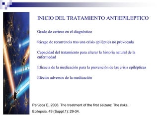 INICIO DEL TRATAMIENTO ANTIEPILEPTICO
Grado de certeza en el diagnóstico
Riesgo de recurrencia tras una crisis epiléptica no provocada
Capacidad del tratamiento para alterar la historia natural de la
enfermedad
Eficacia de la medicación para la prevención de las crisis epilépticas
Efectos adversos de la medicación
Perucca E. 2008. The treatment of the first seizure: The risks.
Epilepsia, 49 (Suppl,1): 29-34.
 
