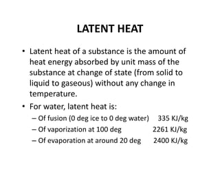 LATENT HEAT
• Latent heat of a substance is the amount of 
heat energy absorbed by unit mass of the 
substance at change of state (from solid to 
liquid to gaseous) without any change in 
temperature.
• For water, latent heat is:
– Of fusion (0 deg ice to 0 deg water)     335 KJ/kg
– Of vaporization at 100 deg  2261 KJ/kg
– Of evaporation at around 20 deg 2400 KJ/kg
 