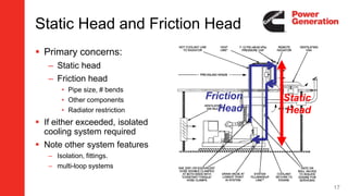 Primary concerns:
– Static head
– Friction head
• Pipe size, # bends
• Other components
• Radiator restriction
 If either exceeded, isolated
cooling system required
 Note other system features
– Isolation, fittings.
– multi-loop systems
Static
Head
Friction
Head
Static Head and Friction Head
17
 
