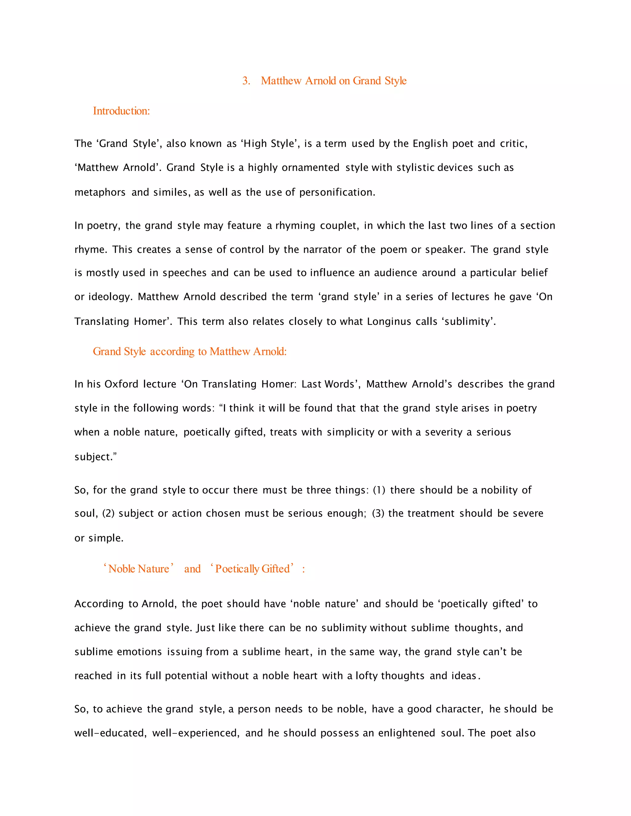 Grand Style Writing Examples 3. matthew arnold on grand style | DOCX