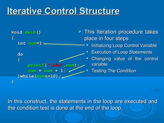voidvoid mainmain()()
{{
intint numnum==11;;
dodo
{{
printfprintf((“n%d”“n%d”,,numnum););
numnum == numnum ++ 11;;
}}whilewhile((numnum<=<=1010););
}}
Iterative Control StructureIterative Control Structure
 This Iteration procedure takesThis Iteration procedure takes
place in four stepsplace in four steps

Initializing Loop Control VariableInitializing Loop Control Variable

Execution of Loop StatementsExecution of Loop Statements

Changing value of the controlChanging value of the control
variablevariable

Testing The ConditionTesting The Condition
In this construct, the statements in the loop are executed andIn this construct, the statements in the loop are executed and
the condition test is done at the end of the loop.the condition test is done at the end of the loop.
 