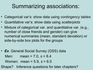 Summarizing associations:
• Categorical var’s: show data using contingency tables
• Quantitative var’s: show data using scatterplots
• Mixture of categorical var. and quantitative var. (e.g.,
number of close friends and gender) can give
numerical summaries (mean, standard deviation) or
side-by-side box plots for the groups
• Ex. General Social Survey (GSS) data
Men: mean = 7.0, s = 8.4
Women: mean = 5.9, s = 6.0
Shape? Inference questions for later chapters?
 