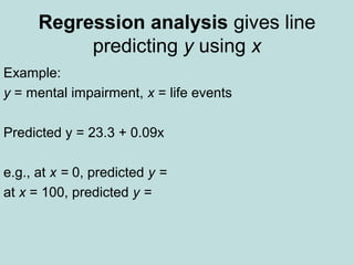 Regression analysis gives line
predicting y using x
Example:
y = mental impairment, x = life events
Predicted y = 23.3 + 0.09x
e.g., at x = 0, predicted y =
at x = 100, predicted y =
 
