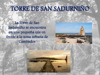 TORRE DE SAN SADURNIÑO
La Torre de San
Sadurniño se encuentra
en una pequeña isla en
frente a la zona urbana de
Cambados
 