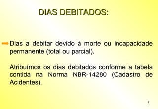 7
DIAS DEBITADOS:DIAS DEBITADOS:
Dias a debitar devido à morte ou incapacidade
permanente (total ou parcial).
Atribuímos os dias debitados conforme a tabela
contida na Norma NBR-14280 (Cadastro de
Acidentes).
 