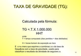 11
TAXA DE GRAVIDADE (TG):TAXA DE GRAVIDADE (TG):
Calculada pela fórmula:
TG = T X 1.000.000
HHT
onde:
T = tempo computado (dias perdidos + dias debitados)
H = horas-homem de exposição ao risco
E o numero que exprime a combinacao da taxa de
frequência com a taxa de gravidade, usado para
classificar o resultado da atividade de seguranca.
 