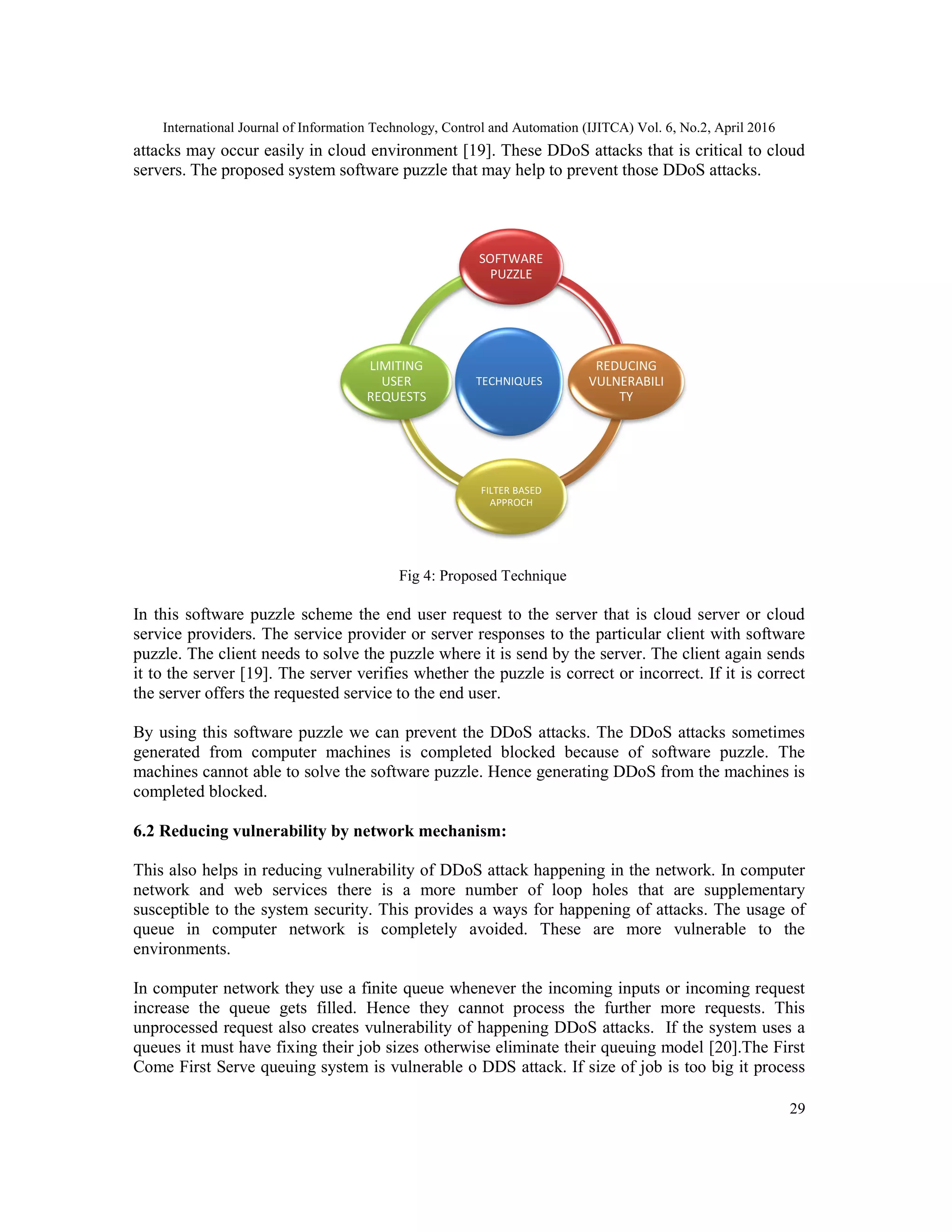 International Journal of Information Technology, Control and Automation (IJITCA) Vol. 6, No.2, April 2016
29
attacks may occur easily in cloud environment [19]. These DDoS attacks that is critical to cloud
servers. The proposed system software puzzle that may help to prevent those DDoS attacks.
Fig 4: Proposed Technique
In this software puzzle scheme the end user request to the server that is cloud server or cloud
service providers. The service provider or server responses to the particular client with software
puzzle. The client needs to solve the puzzle where it is send by the server. The client again sends
it to the server [19]. The server verifies whether the puzzle is correct or incorrect. If it is correct
the server offers the requested service to the end user.
By using this software puzzle we can prevent the DDoS attacks. The DDoS attacks sometimes
generated from computer machines is completed blocked because of software puzzle. The
machines cannot able to solve the software puzzle. Hence generating DDoS from the machines is
completed blocked.
6.2 Reducing vulnerability by network mechanism:
This also helps in reducing vulnerability of DDoS attack happening in the network. In computer
network and web services there is a more number of loop holes that are supplementary
susceptible to the system security. This provides a ways for happening of attacks. The usage of
queue in computer network is completely avoided. These are more vulnerable to the
environments.
In computer network they use a finite queue whenever the incoming inputs or incoming request
increase the queue gets filled. Hence they cannot process the further more requests. This
unprocessed request also creates vulnerability of happening DDoS attacks. If the system uses a
queues it must have fixing their job sizes otherwise eliminate their queuing model [20].The First
Come First Serve queuing system is vulnerable o DDS attack. If size of job is too big it process
TECHNIQUES
SOFTWARE
PUZZLE
REDUCING
VULNERABILI
TY
FILTER BASED
APPROCH
LIMITING
USER
REQUESTS
 