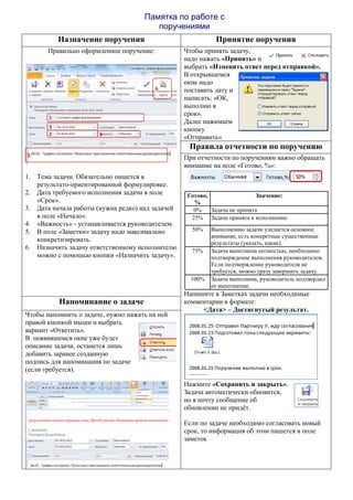 Памятка по работе с
поручениями
Назначение поручения Принятие поручения
Правильно оформленное поручение:
1. Тема задачи. Обязательно пишется в
результато-ориентированной формулировке.
2. Дата требуемого исполнения задачи в поле
«Срок».
3. Дата начала работы (нужна редко) над задачей
в поле «Начало».
4. «Важность» - устанавливается руководителем.
5. В поле «Заметки» задачу надо максимально
конкретизировать.
6. Назначить задачу ответственному исполнителю
можно с помощью кнопки «Назначить задачу».
Чтобы принять задачу,
надо нажать «Принять» и
выбрать «Изменить ответ перед отправкой».
В открывшемся
окне надо
поставить дату и
написать: «ОК,
выполню в
срок».
Далее нажимаем
кнопку
«Отправить»
Правила отчетности по поручению
При отчетности по поручениям важно обращать
внимание на поле «Готово, %»:
Готово,
%
Значение:
0% Задача не принята
25% Задача принята к исполнению
50% Выполнению задачи уделяется основное
внимание, есть конкретные существенные
результаты (указать, какие).
75% Задача выполнена полностью, необходимо
подтверждение выполнения руководителем.
Если подтверждение руководителя не
требуется, можно сразу завершить задачу.
100% Задача выполнена, руководитель подтвердил
ее выполнение.
Напишите в Заметках задачи необходимые
комментарии в формате:
<Дата> – Достигнутый результат.
Нажмите «Сохранить и закрыть».
Задача автоматически обновится,
но в почту сообщение об
обновлении не придёт.
Если по задаче необходимо согласовать новый
срок, то информация об этом пишется в поле
заметок
Напоминание о задаче
Чтобы напомнить о задаче, нужно нажать на ней
правой кнопкой мыши и выбрать
вариант «Ответить».
В появившемся окне уже будет
описание задачи, останется лишь
добавить заранее созданную
подпись для напоминания по задаче
(если требуется).
1
2
3
4
5
6
 