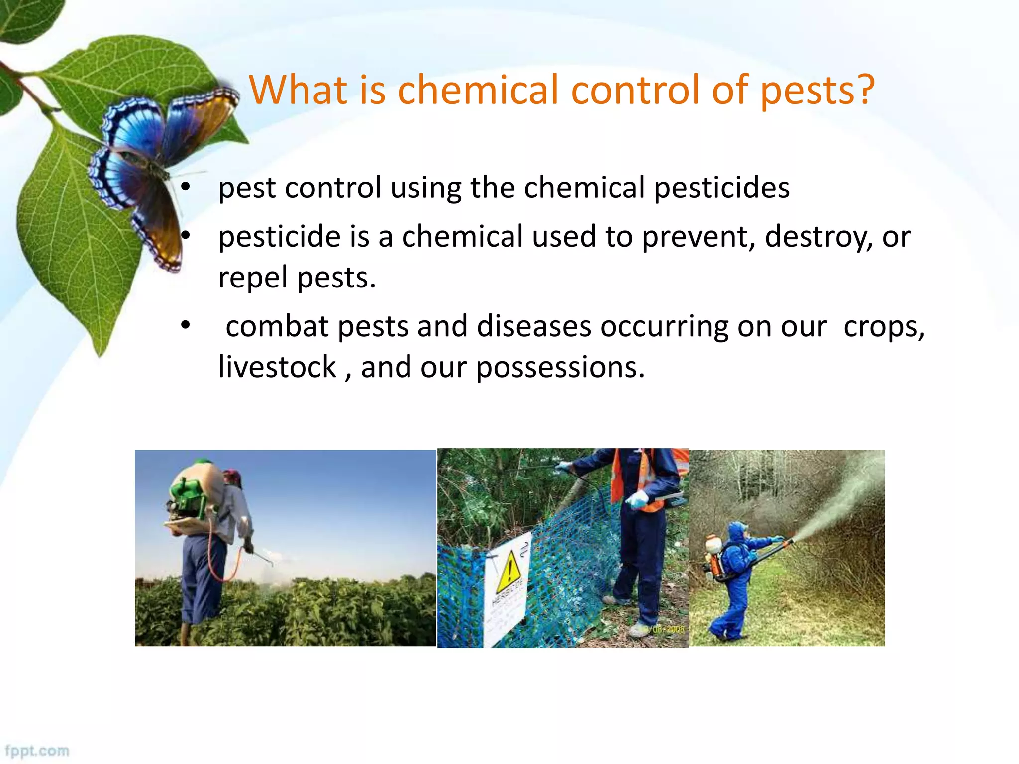 What is chemical control of pests?
• pest control using the chemical pesticides
• pesticide is a chemical used to prevent, destroy, or
repel pests.
• combat pests and diseases occurring on our crops,
livestock , and our possessions.
 