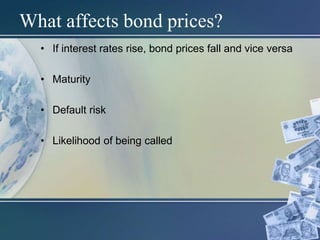 What affects bond prices?
• If interest rates rise, bond prices fall and vice versa
• Maturity
• Default risk
• Likelihood of being called
 
