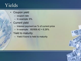 Yields
• Coupon yield
– coupon rate
– In example: 6%
• Current yield
– Interest payment as % of current price
– In example: 60/958.42 = 6.26%
• Yield to maturity
– Yield if bond is held to maturity
 