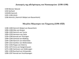 Διοικητές της αδελφότητας του Νοσοκομείου (1190–1198)
1190 Meister Sibrand
1192 Gerhard
1193/94 Heinrich
1195–1196 Ulrich
1196 Heinrich, (Heinrich Walpot von Bassenheim)
Μεγάλοι Μάγιστροι του Τάγματος (1198–1525)
1198–1200 Heinrich Walpot von Bassenheim
1200–1208 Otto von Kerpen
1208–1209 Heinrich von Tunna
1209–1239 Hermann von Salza
1239–1240 Konrad von Thüringen
1240–1244 Gerhard von Malberg
1244–1249 Heinrich von Hohenlohe
1249–1252 Günther von Wüllersleben
1252–1256 Poppo von Osterna
1256–1273 Anno von Sangershausen
1273–1282 Hartmann von Heldrungen
1282–1290 Burchard von Schwanden
1290–1297 Konrad von Feuchtwangen
 
