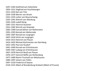 1297–1303 Gottfried von Hohenlohe
1303–1311 Siegfried von Feuchtwangen
1311–1324 Karl von Trier
1324–1330 Werner von Orseln
1331–1335 Luther von Braunschweig
1335–1341 Dietrich von Altenburg
1342–1345 Ludolf König
1345–1351 Heinrich Dusemer
1351–1382 Winrich von Kniprode
1382–1390 Conrad Zöllner von Rothenstein
1391–1393 Konrad von Wallenrode
1393–1407 Konrad von Jungingen
1407–1410 Ulrich von Jungingen
1410–1413 Heinrich von Plauen
1414–1422 Michael Küchmeister von Sternberg
1422–1441 Paul von Rusdorf
1441–1449 Konrad von Erlichshausen
1449–1467 Ludwig von Erlichshausen
1467–1470 Heinrich Reuß von Plauen
1470–1477 Heinrich Reffle von Richtenberg
1477–1489 Martin Truchseß von Wetzhausen
1489–1497 Johann von Tiefen
1497–1510 Frederick of Saxony
1510–1525 Albert of Brandenburg-Ansbach (Albert of Prussia)
 