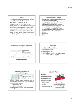 4/25/16	
  	
  
5	
  
•  นาย ก.ได้ MO 3 mg IV q4h ขอ BTP (3mg) 1 ครั้ง คุม
อาการปวดได้ดี ต้องการปรับเป็นยารับประทาน
à MO 3 mg x 6 + BTP 3 mg =21 mg  
à MO inj 21 mg = MO oral 21 x 3 = 63 mg 
à MST (30mg) 1tab q12h + BTP (60÷6) = 10mg prn
q2h (ให้ MO-IR 1 tab หรือ MO syr 5 ml BTP q2h)
•  สองเดือนต่อมาปวดมากขึ้นใช้ prn 3ครั้ง/วัน ปรับยา?
à MO (background) 60 +prn(10x3) 30mg = 90mg 
à MST (30 mg) 1 tab q8h + MOIR (10mg) 1.5 tab
prn หรือ MO syr 7.5 ml prn q2h
•  ท้องผูกพบร้อยละ 90 และเป็นตลอดระยะที่รับประทาน
ยา ต้องให้ยาระบายตลอดการใช้ยา
•  คลื้นใส้อาเจียนพบร้อยละ 30 มักพบในช่วงแรก อาจ
ให้ยาแก้อาเจียนในช่วง 3-4 วันแรก
•  ง่วงซึมพบช่วงแรก มักปรับตัวได้ภายใน 2-3 วัน 
Sedation: เมื่อเริ่มให้ยาควรบันทึก sedation score
0 = ตื่นดี alert 2 = หลับ ปลุกตื่นง่าย  
1 = ง่วงบางครั้ง 3 = หลับ ปลุกตื่นยาก ไม่ตื่น 
ถ้า sedation score>2 ให้ลดขนาดยาลง 25-50%
•  อาการคันพบร้อยละ 7 Rx à antihistamine
•  ปากแห้ง
•  ปัสสวะลำบาก
•  Delirium
Unconsciousness
Apnea
Respiratiory depression
Increased sedation
Increased nausea, vomiting
Base - line analgesia
Increasing opioid dose
•  ฤทธิ์สั้น มักใช้ในการทำหัตถการ
•  ใช้ระงับปวดหลังผ่าตัด
•  ข้อดีในผู้ป่วยไตวาย
•  ขนาดในผู้ใหญ่: 0.05-0.1 mg IV ทุก 1-2 ชม.  
เด็ก 2-12 ปี: 2-3 mcg/kg.
Fentanyl TTS (Durogesic)
- เริ่มด้วยขนาด 12.5-25 mcg/hr àประเมินหลัง 48-72 ชม.
- ออกฤทธิ์ช้า à ต้องให้ยาระงับปวด 12-24 ชม.หลังปิดยา
- Transdermal patch 25 ug/ hr
= ~60mg oral/24 hr
= ~20-30mg subcut/24 hr
- เมื่อเปลี่ยน fentanyl TD à MO ใน 24 ชม.แรกควรให้ 
ขนาดครึ่งเดียวก่อน
ใช้ใน
• ผู้ป่วยที่คุมความปวดได้ดีแล้ว
• ผู้ป่วยที่รับประทานยาไม่ได้
พบบ่อยใน:
•  Bone metastases
•  Neuropathic pain
•  การทำแผล การทำ
debridement
•  สวนปัสสวะ
•  Evacuation อุจจาระ
การให้ยาป้องกันก่อน
การทำหัตถการโดยใช้
ยาระงับปวดที่ออกฤทธิ์
เร็วและออกฤทธิ์สั้น
 