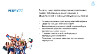 РЕЗУЛЬТАТ Десятки тысяч самоопределившихся молодых
людей, добровольно включившихся в
общественную и экономическую жизнь страны
• Тысячи успешных историй и ощутимый «PR-эффект»
• Создание большой партнёрской сети
• Формирование основы для новой социальной сети
• Закрепление формата и дальнейшее его
распространение по стране
• Создание своей волонтёрской среды для
последующих мероприятий
• Получение участников на другие интерактивные
мероприятия
 