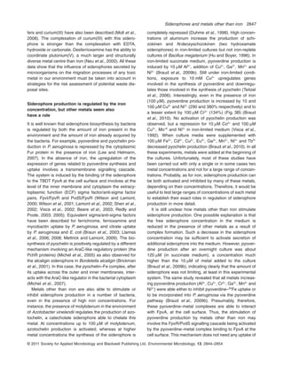 fers and curium(III) have also been described (Moll et al.,
2008). The complexation of curium(III) with this sidero-
phore is stronger than the complexation with EDTA,
hydroxide or carbonate. Desferrioxamine has the ability to
coordinate plutonium(V), a much larger and structurally
diverse metal centre than iron (Neu et al., 2000). All these
data show that the inﬂuence of siderophores secreted by
microorganisms on the migration processes of any toxic
metal in our environment must be taken into account in
strategies for the risk assessment of potential waste dis-
posal sites.
Siderophore production is regulated by the iron
concentration, but other metals seem also
have a role
It is well known that siderophore biosynthesis by bacteria
is regulated by both the amount of iron present in the
environment and the amount of iron already acquired by
the bacteria. For example, pyoverdine and pyochelin pro-
duction in P. aeruginosa is repressed by the cytoplasmic
Fur protein in the presence of iron (Lee and Helmann,
2007). In the absence of iron, the upregulation of the
expression of genes related to pyoverdine synthesis and
uptake involves a transmembrane signalling cascade.
The system is induced by the binding of the siderophore
to the TBDT FpvA at the cell surface and involves at the
level of the inner membrane and cytoplasm the extracy-
toplasmic function (ECF) sigma factor/anti-sigma factor
pairs, FpvI/FpvR and PvdS/FpvR (Wilson and Lamont,
2000; Wilson et al., 2001; Lamont et al., 2002; Shen et al.,
2002; Visca et al., 2002; Beare et al., 2003; Redly and
Poole, 2003; 2005). Equivalent sigma/anti-sigma factors
have been described for ferrichrome, ferrioxamine and
mycobactin uptake by P. aeruginosa, and citrate uptake
by P. aeruginosa and E. coli (Braun et al., 2003; Llamas
et al., 2006; 2008; Mettrick and Lamont, 2009). The bio-
synthesis of pyochelin is positively regulated by a different
mechanism involving an AraC-like regulatory protein (the
PchR proteins) (Michel et al., 2005) as also observed for
the alcaligin siderophore in Bordetella alcaligin (Brickman
et al., 2001). In this case, the pyochelin–Fe complex, after
its uptake across the outer and inner membranes, inter-
acts with the AraC-like regulator in the bacterial cytoplasm
(Michel et al., 2007).
Metals other than iron are also able to stimulate or
inhibit siderophore production in a number of bacteria,
even in the presence of high iron concentrations. For
instance, the presence of molybdenum in the environment
of Azotobacter vinelandii regulates the production of azo-
tochelin, a catecholate siderophore able to chelate this
metal. At concentrations up to 100 mM of molybdenum,
azotochelin production is activated, whereas at higher
metal concentrations the synthesis of the siderophore is
completely repressed (Duhme et al., 1998). High concen-
trations of aluminum increase the production of schi-
zokinen and N-deoxyschizokinen (two hydroxamate
siderophores) in iron-limited cultures but not iron-replete
cultures of Bacillus megaterium (Hu and Boyer, 1996). In
iron-limited succinate medium, pyoverdine production is
induced by 10 mM Al3+
, addition of Cu2+
, Ga3+
, Mn2+
and
Ni2+
(Braud et al., 2009b). Still under iron-limited condi-
tions, exposure to 10 mM Cu2+
upregulates genes
involved in the synthesis of pyoverdine and downregu-
lates those involved in the synthesis of pyochelin (Teitzel
et al., 2006). Interestingly, even in the presence of iron
(100 mM), pyoverdine production is increased by 10 and
100 mM Cu2+
and Ni2+
(290 and 380% respectively) and to
a lesser extent by 100 mM Cr2+
(134%) (Fig. 3B) (Braud
et al., 2010). No activation of pyochelin production was
observed, but a repression for 10 mM Co2+
and 100 mM
Cu2+
, Mo+6
and Ni2+
in iron-limited medium (Visca et al.,
1992). When culture media were supplemented with
100 mM Fe3+
, Cd2+
, Cu2+
, Eu3+
, Ga3+
, Mn2+
, Ni2+
and Tb3+
decreased pyochelin production (Braud et al., 2010). In all
these experiments, metals were added at the beginning of
the cultures. Unfortunately, most of these studies have
been carried out with only a single or in some cases two
metal concentrations and not for a large range of concen-
trations. Probably, as for iron, siderophore production can
be both activated and inhibited by many of these metals,
depending on their concentrations. Therefore, it would be
useful to test large ranges of concentrations of each metal
to establish their exact roles in regulation of siderophore
production in more detail.
It is still unclear how metals other than iron stimulate
siderophore production. One possible explanation is that
the free siderophore concentration in the medium is
reduced in the presence of other metals as a result of
complex formation. Such a decrease in the siderophore
concentration may be sufficient to activate secretion of
additional siderophore into the medium. However, pyover-
dine production after an overnight culture was about
120 mM (in succinate medium), a concentration much
higher than the 10 mM of metal added to the culture
(Braud et al., 2009b), indicating clearly that the amount of
siderophore was not limiting, at least in this experimental
system. The same study revealed that all metals increas-
ing pyoverdine production (Al3+
, Cu2+
, Cr2+
, Ga3+
, Mn2+
and
Ni2+
) were able either to inhibit pyoverdine–55
Fe uptake or
to be incorporated into P. aeruginosa via the pyoverdine
pathway (Braud et al., 2009b). Presumably, therefore,
these pyoverdine–metal complexes are able to interact
with FpvA, at the cell surface. Thus, the stimulation of
pyoverdine production by metals other than iron may
involve the FpvR/PvdS signalling cascade being activated
by the pyoverdine–metal complex binding to FpvA at the
cell surface. This mechanism does not need any uptake of
Siderophores and metals other than iron 2847
© 2011 Society for Applied Microbiology and Blackwell Publishing Ltd, Environmental Microbiology, 13, 2844–2854
 