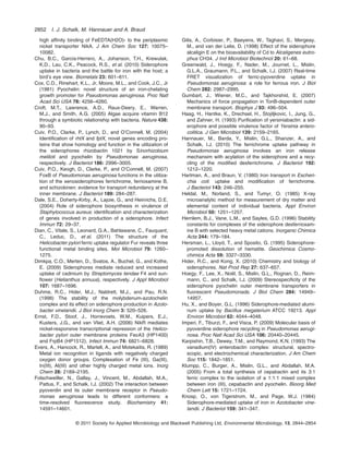 high affinity binding of FeEDTA(H2O)- to the periplasmic
nickel transporter NikA. J Am Chem Soc 127: 10075–
10082.
Chu, B.C., Garcia-Herrero, A., Johanson, T.H., Krewulak,
K.D., Lau, C.K., Peacock, R.S., et al. (2010) Siderophore
uptake in bacteria and the battle for iron with the host; a
bird’s eye view. Biometals 23: 601–611.
Cox, C.D., Rinehart, K.L., Jr, Moore, M.L., and Cook, J.C., Jr
(1981) Pyochelin: novel structure of an iron-chelating
growth promoter for Pseudomonas aeruginosa. Proc Natl
Acad Sci USA 78: 4256–4260.
Croft, M.T., Lawrence, A.D., Raux-Deery, E., Warren,
M.J., and Smith, A.G. (2005) Algae acquire vitamin B12
through a symbiotic relationship with bacteria. Nature 438:
90–93.
Cuiv, P.O., Clarke, P., Lynch, D., and O’Connell, M. (2004)
Identiﬁcation of rhtX and fptX, novel genes encoding pro-
teins that show homology and function in the utilization of
the siderophores rhizobactin 1021 by Sinorhizobium
meliloti and pyochelin by Pseudomonas aeruginosa,
respectively. J Bacteriol 186: 2996–3005.
Cuiv, P.O., Keogh, D., Clarke, P., and O’Connell, M. (2007)
FoxB of Pseudomonas aeruginosa functions in the utiliza-
tion of the xenosiderophores ferrichrome, ferrioxamine B,
and schizokinen: evidence for transport redundancy at the
inner membrane. J Bacteriol 189: 284–287.
Dale, S.E., Doherty-Kirby, A., Lajoie, G., and Heinrichs, D.E.
(2004) Role of siderophore biosynthesis in virulence of
Staphylococcus aureus: identiﬁcation and characterization
of genes involved in production of a siderophore. Infect
Immun 72: 29–37.
Dian, C., Vitale, S., Leonard, G.A., Bahlawane, C., Fauquant,
C., Leduc, D., et al. (2011) The structure of the
Helicobacter pylori ferric uptake regulator Fur reveals three
functional metal binding sites. Mol Microbiol 79: 1260–
1275.
Dimkpa, C.O., Merten, D., Svatos, A., Buchel, G., and Kothe,
E. (2009) Siderophores mediate reduced and increased
uptake of cadmium by Streptomyces tendae F4 and sun-
ﬂower (Helianthus annuus), respectively. J Appl Microbiol
107: 1687–1696.
Duhme, R.C., Hider, M.J., Naldrett, M.J., and Pau, R.N.
(1998) The stability of the molybdenum-azotochelin
complex and its effect on siderophore production in Azoto-
bacter vinelandii. J Biol Inorg Chem 3: 520–526.
Ernst, F.D., Stoof, J., Horrevoets, W.M., Kuipers, E.J.,
Kusters, J.G., and van Vliet, A.H. (2006) NikR mediates
nickel-responsive transcriptional repression of the Helico-
bacter pylori outer membrane proteins FecA3 (HP1400)
and FrpB4 (HP1512). Infect Immun 74: 6821–6828.
Evers, A., Hancock, R., Martell, A., and Motekaitis, R. (1989)
Metal ion recognition in ligands with negatively charged
oxygen donor groups. Complexation of Fe (III), Ga(III),
In(III), Al(III) and other highly charged metal ions. Inorg
Chem 28: 2189–2195.
Folschweiller, N., Gallay, J., Vincent, M., Abdallah, M.A.,
Pattus, F., and Schalk, I.J. (2002) The interaction between
pyoverdin and its outer membrane receptor in Pseudo-
monas aeruginosa leads to different conformers: a
time-resolved ﬂuorescence study. Biochemistry 41:
14591–14601.
Gilis, A., Corbisier, P., Baeyens, W., Taghavi, S., Mergeay,
M., and van der Lelie, D. (1998) Effect of the siderophore
alcaligin E on the bioavailability of Cd to Alcaligenes eutro-
phus CH34. J Ind Microbiol Biotechnol 20: 61–68.
Greenwald, J., Hoegy, F., Nader, M., Journet, L., Mislin,
G.L.A., Graumann, P.L., and Schalk, I.J. (2007) Real-time
FRET visualization of ferric-pyoverdine uptake in
Pseudomonas aeruginosa: a role for ferrous iron. J Biol
Chem 282: 2987–2995.
Gumbart, J., Wiener, M.C., and Tajkhorshid, E. (2007)
Mechanics of force propagation in TonB-dependent outer
membrane transport. Biophys J 93: 496–504.
Haag, H., Hantke, K., Drechsel, H., Stojiljkovic, I., Jung, G.,
and Zahner, H. (1993) Puriﬁcation of yersiniabactin: a sid-
erophore and possible virulence factor of Yersinia entero-
colitica. J Gen Microbiol 139: 2159–2165.
Hannauer, M., Barda, Y., Mislin, G.L., Shanzer, A., and
Schalk, I.J. (2010) The ferrichrome uptake pathway in
Pseudomonas aeruginosa involves an iron release
mechansim with acylation of the siderophore and a recy-
cling of the modiﬁed desferrichrome. J Bacteriol 192:
1212–1220.
Hartman, A., and Braun, V. (1980) Iron transport in Escheri-
chia coli: uptake and modiﬁcation of ferrichrome.
J Bacteriol 143: 246–255.
Heldal, M., Norland, S., and Tumyr, O. (1985) X-ray
microanalytic method for measurement of dry matter and
elemental content of individual bacteria. Appl Environ
Microbiol 50: 1251–1257.
Hernlem, B.J., Vane, L.M., and Sayles, G.D. (1996) Stability
constants for complexes of the siderophore desferrioxam-
ine B with selected heavy metal cations. Inorganic Chimica
Acta 244: 179–184.
Hersman, L., Lloyd, T., and Sposito, G. (1995) Siderophore-
promoted dissolution of hematite. Geochimica Cosmo-
chimica Acta 59: 3327–3330.
Hider, R.C., and Kong, X. (2010) Chemistry and biology of
siderophores. Nat Prod Rep 27: 637–657.
Hoegy, F., Lee, X., Noël, S., Mislin, G.L., Rognan, D., Reim-
mann, C., and Schalk, I.J. (2009) Stereospeciﬁcity of the
siderophore pyochelin outer membrane transporters in
ﬂuorescent Pseudomonads. J Biol Chem 284: 14949–
14957.
Hu, X., and Boyer, G.L. (1996) Siderophore-mediated alumi-
num uptake by Bacillus megaterium ATCC 19213. Appl
Environ Microbiol 62: 4044–4048.
Imperi, F., Tiburzi, F., and Visca, P. (2009) Molecular basis of
pyoverdine siderophore recycling in Pseudomonas aerugi-
nosa. Proc Natl Acad Sci USA 106: 20440–20445.
Karpishin, T.B., Dewey, T.M., and Raymond, K.N. (1993) The
vanadium(IV) enterobactin complex: structural, spectro-
scopic, and electrochemical characterization. J Am Chem
Soc 115: 1842–1851.
Klumpp, C., Burger, A., Mislin, G.L., and Abdallah, M.A.
(2005) From a total synthesis of cepabactin and its 3:1
ferric complex to the isolation of a 1:1:1 mixed complex
between iron (III), cepabactin and pyochelin. Bioorg Med
Chem Lett 15: 1721–1724.
Knosp, O., von Tigerstrom, M., and Page, W.J. (1984)
Siderophore-mediated uptake of iron in Azotobacter vine-
landii. J Bacteriol 159: 341–347.
2852 I. J. Schalk, M. Hannauer and A. Braud
© 2011 Society for Applied Microbiology and Blackwell Publishing Ltd, Environmental Microbiology, 13, 2844–2854
 