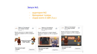 Запуск №3.
- аудитория №2
- брендовые тизеры
- лидов всего 2 (681,5 р.)
 