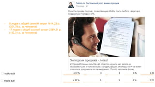 - 8 лидов с общей суммой затрат 1614,25 р.
(201,78 р. за человека)
- 17 лидов с общей суммой затрат 2589,31 р.
(152,31 р. за человека)
 