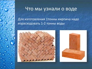 Что мы узнали о воде
Для изготовления 1тонны кирпича надо
израсходовать 1-2 тонны воды
 