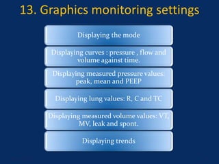 13. Graphics monitoring settings
Displaying the mode
Displaying curves : pressure , flow and
volume against time.
Displaying measured pressure values:
peak, mean and PEEP
Displaying lung values: R, C and TC
Displaying measured volume values: VT,
MV, leak and spont.
Displaying trends
June 1, 2016 49
 