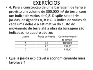 EXERCÍCIOS
• 4. Para a construção de uma barragem de terra é
previsto um volume de 300.000 m3 de terra, com
um índice de vazios de 0,8. Dispõe-se de três
jazidas, designadas A, B e C. O índice de vazios de
cada uma delas e a estimativa do custo do
movimento de terra até a obra da barragem são
indicadas no quadro abaixo:
• Qual a jazida explotável é economicamente mais
favorável?
Jazida Índice de Vazios Custo movimento
de terra/m3
A 0.9 R$10,20
B 2.0 R$9,00
C 1.6 R$9,40
 