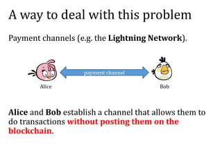 A way to deal with this problem
Payment channels (e.g. the Lightning Network).
Alice and Bob establish a channel that allows them to
do transactions without posting them on the
blockchain.
Alice Bob
payment channel
 