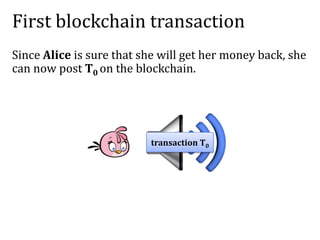 First blockchain transaction
Since Alice is sure that she will get her money back, she
can now post T0 on the blockchain.
transaction T0
 