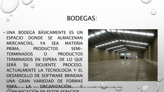 BODEGAS:
• UNA BODEGA BÁSICAMENTE ES UN
ESPACIO DONDE SE ALMACENAN
MERCANCÍAS, YA SEA MATERIA
PRIMA, PRODUCTOS SEMI-
TERMINADOS O PRODUCTOS
TERMINADOS EN ESPERA DE LO QUE
SERÁ SU SIGUIENTE PROCESO.
ACTUALMENTE LA TECNOLOGÍA Y EL
DESARROLLO DE SOFTWARE BRINDAN
UNA GRAN VARIEDAD DE FORMAS
PARA LA ORGANIZACIÓN YKarina I. Maldonado, Marco A. Villalva, Gestión Logística en el Diseño de Bodegas de Productos Terminados, Ed. Salesiana, Ecuador, Marzo
2011
 