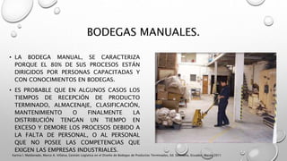 BODEGAS MANUALES.
• LA BODEGA MANUAL, SE CARACTERIZA
PORQUE EL 80% DE SUS PROCESOS ESTÁN
DIRIGIDOS POR PERSONAS CAPACITADAS Y
CON CONOCIMIENTOS EN BODEGAS.
• ES PROBABLE QUE EN ALGUNOS CASOS LOS
TIEMPOS DE RECEPCIÓN DE PRODUCTO
TERMINADO, ALMACENAJE, CLASIFICACIÓN,
MANTENIMIENTO O FINALMENTE LA
DISTRIBUCIÓN TENGAN UN TIEMPO EN
EXCESO Y DEMORE LOS PROCESOS DEBIDO A
LA FALTA DE PERSONAL, O AL PERSONAL
QUE NO POSEE LAS COMPETENCIAS QUE
EXIGEN LAS EMPRESAS INDUSTRIALES.
Karina I. Maldonado, Marco A. Villalva, Gestión Logística en el Diseño de Bodegas de Productos Terminados, Ed. Salesiana, Ecuador, Marzo 2011
 