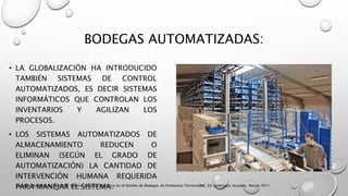 BODEGAS AUTOMATIZADAS:
• LA GLOBALIZACIÓN HA INTRODUCIDO
TAMBIÉN SISTEMAS DE CONTROL
AUTOMATIZADOS, ES DECIR SISTEMAS
INFORMÁTICOS QUE CONTROLAN LOS
INVENTARIOS Y AGILIZAN LOS
PROCESOS.
• LOS SISTEMAS AUTOMATIZADOS DE
ALMACENAMIENTO REDUCEN O
ELIMINAN (SEGÚN EL GRADO DE
AUTOMATIZACIÓN) LA CANTIDAD DE
INTERVENCIÓN HUMANA REQUERIDA
PARA MANEJAR EL SISTEMA.Karina I. Maldonado, Marco A. Villalva, Gestión Logística en el Diseño de Bodegas de Productos Terminados, Ed. Salesiana, Ecuador, Marzo 2011
 