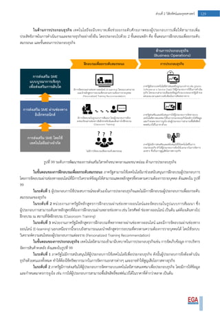 129ส่วนที่ 2 วิสัยทัศน์และยุทธศาสตร์
ในด้านการประกอบธุรกิจ เทคโนโลยีจะมีบทบาทเพื่อช่วยยกระดับศักยภาพของผู้ประกอบการเพื่อให้สามารถเพิ่ม
ประสิทธิภาพในการดาเนินงานและขยายธุรกิจอย่างยั่งยืน โดยประกอบไปด้วย 2 ขั้นตอนหลัก คือ ขั้นตอนการฝึกอบรมเพื่อยกระดับ
สมรรถนะ และขั้นตอนการประกอบธุรกิจ
รูปที่ 99 ระดับการพัฒนาของการส่งเสริมวิสาหกิจขนาดกลางและขนาดย่อม ด้านการประกอบธุรกิจ
ในขั้นตอนของการฝึกอบรมเพื่อยกระดับสมรรถนะ ภาครัฐสามารถใช้เทคโนโลยีมาช่วยสนับสนุนการฝึกอบรมผู้ประกอบการ
โดยการจัดอบรมผ่านช่องทางออนไลน์ที่มีการวิเคราะห์ข้อมูลให้สามารถแสดงหลักสูตรที่ตรงตามความต้องการรายบุคคล ดังแสดงใน รูปที่
99
ในระดับที่ 1 ผู้ประกอบการใช้ประสบการณ์ของตัวเองในการประกอบธุรกิจและไม่มีการฝึกอบรมผู้ประกอบการเพื่อยกระดับ
สมรรถนะของธุรกิจ
ในระดับที่ 2 หน่วยงานภาครัฐมีหลักสูตรการฝึกอบรมผ่านช่องทางออนไลน์และจัดอบรมในรูปแบบการสัมมนา ซึ่ง
ผู้ประกอบการสามารถค้นหาหลักสูตรที่ต้องการฝึกอบรมผ่านหลายช่องทาง เช่น โทรศัพท์ ช่องทางออนไลน์ เป็นต้น แต่ต้องเดินทางไป
ฝึกอบรม ณ สถานที่จัดฝึกอบรม (Classroom Training)
ในระดับที่ 3 หน่วยงานภาครัฐมีหลักสูตรการฝึกอบรมที่หลากหลายผ่านช่องทางออนไลน์ และมีการจัดอบรมผ่านช่องทาง
ออนไลน์ (E-learning) นอกเหนือจากนี้ระบบยังสามารถแนะนาหลักสูตรการอบรมที่ตรงตามความต้องการรายบุคคลได้ โดยใช้ระบบ
วิเคราะห์ความสนใจของผู้ประกอบการแต่ละราย (Personalized Training Recommendation)
ในขั้นตอนของการประกอบธุรกิจ เทคโนโลยีสามารถเข้ามามีบทบาทในการประกอบธุรกิจเช่น การจัดเก็บข้อมูล การบริหาร
จัดการสินค้าคงคลัง ดังแสดงในรูปที่ 99
ในระดับที่ 1 ภาครัฐไม่มีการสนับสนุนให้ผู้ประกอบการใช้เทคโนโลยีเพื่อประกอบธุรกิจ ดังนั้นผู้ประกอบการจึงต้องดาเนิน
ธุรกิจด้วยตนเองทั้งหมด ทาให้ต้องใช้ทรัพยากรมากในการจัดการเอกสารต่างๆ และอาจทาให้สูญเสียโอกาสทางธุรกิจ
ในระดับที่ 2 ภาครัฐมีการส่งเสริมให้ผู้ประกอบการจัดหาระบบเทคโนโลยีสารสนเทศมาเพื่อประกอบธุรกิจ โดยมีการให้ข้อมูล
และกาหนดมาตรการจูงใจ เช่น การให้ผู้ประกอบการสามารถซื้อลิขสิทธิ์ซอฟท์แวร์ได้ในราคาที่ต่ากว่าตลาด เป็นต้น
 