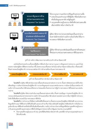 136 ส่วนที่ 2 วิสัยทัศน์และยุทธศาสตร์
รูปที่ 105 ระดับการพัฒนาของการยกระดับงานบริการด้านภาษีและรายได้
เทคโนโลยีจะช่วยลดจานวนขั้นตอนที่ผู้เสียภาษีต้องดาเนินการผ่านการบูรณาการข้อมูลระหว่างหน่วยงาน และนาไปสู่
ประสบการณ์ของผู้เสียภาษีที่สะดวกรวดเร็วมากขึ้น โดยสามารถแบ่งขั้นตอนการดาเนินงานด้านภาษีและรายได้ออกเป็น 4 ขั้นตอนหลัก
ตั้งแต่การลงทะเบียนผู้เสียภาษี การกรอกแบบฟอร์มภาษี การชาระ/ขอคืนภาษี และการตรวจสอบภาษี
รูปที่ 106 ขั้นตอนหลักในการดาเนินงานด้านภาษีและรายได้
ในระดับที่ 1 ผุ้เสียภาษีต้องดาเนินงานหลายขั้นตอนด้วยตนเองผ่านช่องทางกายภาพ ตั้งแต่การติดต่อหน่วยงานที่เกี่ยวข้อง
เพื่อขอข้อมูล การเดินทางไปลงทะเบียนผู้เสียภาษี การกรอกข้อมูลทุกอย่างบนแบบฟอร์มกระดาษ การเดินทางไปยื่นแบบฟอร์มภาษี
จนถึงการชาระและขอคืนภาษีด้วยตนเองที่หน่วยงาน ในขณะเดียวกันหน่วยงานภาครัฐทาการตรวจสอบภาษีทั้งหมดผ่านแบบฟอร์ม
กระดาษ
ในระดับที่ 2 ผู้เสียภาษีสามารถดาเนินงานทุกขั้นตอนผ่านช่องทางเดียว ตั้งแต่การขอข้อมูล การลงทะเบียนผู้เสียภาษี การ
กรอกแบบฟอร์มและส่งเอกสารประกอบต่างๆ จนถึงการชาระและขอคืนภาษีผ่านช่องทางออนไลน์ นอกจากนั้นภาครัฐยังมีการนาระบบ
ไอทีมาใช้เพื่อเพิ่มความรวดเร็วในการตรวจสอบภาษีอีกด้วย
ในระดับที่ 3 การนาระบบมาใช้เพิ่มความอัตโนมัติในขั้นตอนต่างๆ ตั้งแต่ระบบลงทะเบียนผู้เสียภาษีอัตโนมัติ ระบบรวบรวม
ข้อมูลเพื่อคานวณภาษีที่ต้องจ่าย/ได้คืนอัตโนมัติ และระบบชาระ/คืนภาษีแบบอัตโนมัติ โดยผู้เสียภาษีเพียงต้องทาการยืนยันความ
ถูกต้องปริมาณภาษีที่ต้องชาระหรือต้องได้รับคืนเพียงขั้นตอนเดียว รวมถึงการนาระบบวิเคราะห์ข้อมูลเพื่อค้นหาบุคคลที่ควรอยู่ในระบบ
ภาษี และระบุบุคคลที่ควรถูกตรวจสอบภาษีซึ่งอ้างอิงข้อมูลจากหน่วยงานทั้งภาครัฐและภาคเอกชน ตามเกณฑ์ดังนี้
• ค้นหาบุคคลที่ควรอยู่ในระบบภาษี เช่น บุคคลที่มีสินทรัพย์มากผิดปกติ หรือ บุคคลที่มีการทาธุรกรรมและพฤติกรรมการ
ใช้จ่ายที่น่าสงสัย
 