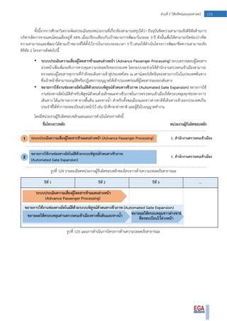 153ส่วนที่ 2 วิสัยทัศน์และยุทธศาสตร์
ทั้งนี้จากการศึกษาวิเคราะห์ผลประเมินของหน่วยงานที่เกี่ยวข้องสามารถสรุปได้ว่า ปัจจุบันขีดความสามารถเชิงดิจิทัลด้านการ
บริหารจัดการชายแดนโดยเฉลี่ยอยู่ที่ 68% เมื่อเปรียบเทียบกับเป้าหมายการพัฒนาในระยะ 3 ปี ดังนั้นเพื่อให้สามารถปิดช่องว่างขีด
ความสามารถและพัฒนาได้ตามเป้าหมายที่ได้ตั้งไว้ภายในกรอบระยะเวลา 3 ปี เสนอให้ดาเนินโครงการพัฒนาขีดความสามารถเชิง
ดิจิทัล 2 โครงการดังต่อไปนี้
• ระบบประเมินความเสี่ยงผู้โดยสารข้ามแดนล่วงหน้า (Advance Passenger Processing) ระบบตรวจสอบผู้โดยสาร
ล่วงหน้าเพื่อเพิ่มระดับการควบคุมความปลอดภัยของประเทศ โดยระบบจะช่วยให้สานักงานตรวจคนเข้าเมืองสามารถ
ตรวจสอบผู้โดยสารทุกรายที่กาลังจะเดินทางเข้าสู่ประเทศไทย ณ เคาน์เตอร์เช็คอินของสายการบินในประเทศต้นทาง
ซึ่งเจ้าหน้าที่สามารถอนุมัติหรือปฏิเสธการอนุญาตให้เข้าประเทศก่อนที่ผู้โดยสารจะออกเดินทาง
• ขยายการใช้งานช่องทางอัตโนมัติด้วยระบบพิสูจน์ตัวตนทางชีวภาพ (Automated Gate Expansion) ขยายการใช้
งานช่องทางอัตโนมัติสาหรับพิสูจน์ตัวตนด้วยลักษณะทางชีวภาพในการตรวจคนเข้าเมืองให้ครอบคลุมทุกช่องทางการ
เดินทาง ได้แก่ทางอากาศ ทางพื้นดิน และทางน้า สาหรับทั้งพลเมืองและชาวต่างชาติที่เดินทางเข้าออกประเทศเป็น
ประจาที่ได้ทาการลงทะเบียนล่วงหน้าไว้ เช่น นักศีกษาต่างชาติ และผู้ถือใบอนุญาตทางาน
โดยมีหน่วยงานผู้รับผิดชอบหลักและแผนการดาเนินโครงการดังนี้
รูปที่ 124 รายละเอียดหน่วยงานผู้รับผิดชอบหลักของโครงการด้านความปลอดภัยสาธารณะ
รูปที่ 125 แผนการดาเนินการโครงการด้านความปลอดภัยสาธารณะ
 