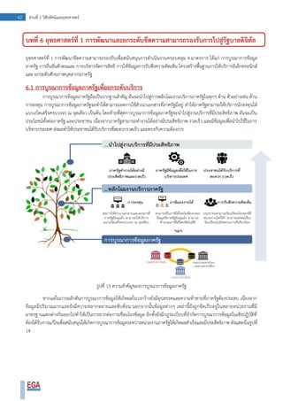 42 ส่วนที่ 2 วิสัยทัศน์และยุทธศาสตร์
บทที่ 6 ยุทธศาสตร์ที่ 1 การพัฒนาและยกระดับขีดความสามารถรองรับการไปสู่รัฐบาลดิจิทัล
ยุทธศาสตร์ที่ 1 การพัฒนาขีดความสามารถรองรับเพื่อสนับสนุนการดาเนินงานครอบคลุม 4 มาตรการ ได้แก่ การบูรณาการข้อมูล
ภาครัฐ การยืนยันตัวตนและ การบริหารจัดการสิทธิ การให้ข้อมูลการรับฟังความคิดเห็น โครงสร้างพื้นฐานการให้บริการอิเล็กทรอนิกส์
และ ยกระดับศักยภาพบุคลากรภาครัฐ
6.1 การบูรณาการข้อมูลภาครัฐเพื่อยกระดับบริการ
การบูรณาการข้อมูลภาครัฐถือเป็นรากฐานสาคัญ อันจะนาไปสู่การพลิกโฉมงานบริการภาครัฐในทุกๆ ด้าน ตัวอย่างเช่น ด้าน
การลงทุน การบูรณาการข้อมูลภาครัฐจะทาให้สามารถลดการใช้สาเนาเอกสารที่ภาครัฐมีอยู่ ทาให้ภาครัฐสามารถให้บริการนักลงทุนได้
แบบเบ็ดเสร็จครบวงจร ณ จุดเดียว เป็นต้น โดยท้ายที่สุดการบูรณาการข้อมูลภาครัฐจะนาไปสู่งานบริการที่มีประสิทธิภาพ อันจะเป็น
ประโยชน์ทั้งต่อภาครัฐ และประชาชน เนื่องจากภาครัฐสามารถทางานได้อย่างมีประสิทธิภาพ รวดเร็ว และมีข้อมูลเพื่อนาไปใช้ในการ
บริหารประเทศ ส่งผลทาให้ประชาชนได้รับบริการที่สะดวกรวดเร็ว และตรงกับความต้องการ
รูปที่ 13 ความสาคัญของการบูรณาการข้อมูลภาครัฐ
หากแต่ในการผลักดันการบูรณาการข้อมูลให้เกิดผลในวงกว้างยังมีอุปสรรคและความท้าทายที่ภาครัฐต้องประสบ เนื่องจาก
ข้อมูลมีปริมาณมากและยังมีความหลากหลายและซับซ้อน นอกจากนั้นข้อมูลต่างๆ เหล่านี้ยังถูกจัดเก็บอยู่ในหลายหน่วยงานที่มี
มาตรฐานแตกต่างกันออกไปทาให้เป็นการยากต่อการเชื่อมโยงข้อมูล อีกทั้งยังมีกฎระเบียบที่จากัดการบูรณาการข้อมูลในเชิงปฏิบัติที่
ต้องได้รับการแก้ไขเพื่อสนับสนุนให้เกิดการบูรณาการข้อมูลระหว่างหน่วยงานภาครัฐให้เกิดผลสาเร็จและมีประสิทธิภาพ ดังแสดงในรูปที่
14
 