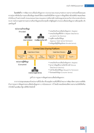 47ส่วนที่ 2 วิสัยทัศน์และยุทธศาสตร์
ในระดับที่ 3 การพัฒนาระบบเชื่อมโยงข้อมูลกลาง (Central Data Sharing Platform) จะสามารถช่วยลดขั้นตอนและ
ความยุ่งยากซับซ้อนในการแลกเปลี่ยนข้อมูล ส่งผลทาให้สามารถผลักดันให้เกิดการบูรณาการข้อมูลได้อย่างมีประสิทธิภาพและเกิดผล
สาเร็จในวงกว้างอย่างรวดเร็ว (Industrialized Data Integration) เช่นในกรณีการขอใบอนุญาตประกอบกิจการโรงงาน/ขยายโรงงาน
(รง.4) กรมโรงงานอุตสาหกรรมสามารถค้นหาข้อมูลของนักลงทุนที่ภาครัฐมีอยู่แล้ว ผ่านระบบเชื่อมโยงข้อมูลกลางเพียงจุดเดียว ดัง
แสดงในรูปที่
รูปที่ 18 การบูรณาการข้อมูลผ่านระบบเชื่อมโยงข้อมูลกลาง
จากการประชุมระดมสมองกับหน่วยงานที่เกี่ยวข้อง ที่ประชุมมีความเห็นให้ตั้งเป้าหมายการพัฒนาขีดความสามารถดิจิทัล
ด้านการบูรณาการข้อมูลผ่านระบบเชื่อมโยงข้อมูลกลาง ภายในระยะเวลา 3 ปี โดยมีรายละเอียดของขีดความสามารถเชิงดิจิทัลที่จะ
นาไปจัดทาแผนพัฒนารัฐบาลดิจิทัล ดังต่อไปนี้
 