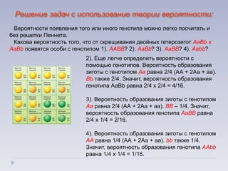 2). Еще легче определить вероятности с
помощью генотипов. Вероятность образования
зиготы c генотипом Аа равна 2/4 (АА + 2Аа + аа).
Bb также 2/4. Значит, вероятность образования
генотипа АаВb равна 2/4 х 2/4 = 4/16.
3). Вероятность образования зиготы c генотипом
Аа равна 2/4 (АА + 2Аа + аа). BВ – 1/4. Значит,
вероятность образования генотипа АаВВ равна
2/4 х 1/4 = 2/16.
4). Вероятность образования зиготы c генотипом
АА равна 1/4 (АА + 2Аа + аа). bb также 1/4.
Значит, вероятность образования генотипа АAbb
равна 1/4 х 1/4 = 1/16.
Вероятности появления того или иного генотипа можно легко посчитать и
без решетки Пеннета.
Какова вероятность того, что от скрещивания двойных гетерозигот АаBb х
AaBb появятся особи с генотипом 1). ААВВ? 2). АаBb? 3). АаВВ? 4). Ааbb?
Решение задач с использование теории вероятности:
 