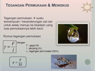 TEGANGAN PERMUKAAN & MENISKUS
Tegangan permukaan  suatu
kemampuan / kecenderungan zat cair
untuk selalu menuju ke keadaan yang
luas permukaannya lebih kecil.
Rumus tegangan permukaan
𝜸 =
𝑭
𝟐𝑳
 