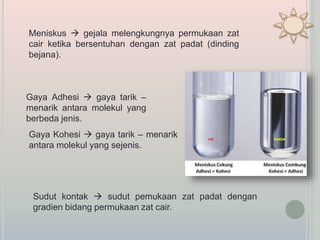 Meniskus  gejala melengkungnya permukaan zat
cair ketika bersentuhan dengan zat padat (dinding
bejana).
Gaya Adhesi  gaya tarik –
menarik antara molekul yang
berbeda jenis.
Gaya Kohesi  gaya tarik – menarik
antara molekul yang sejenis.
Sudut kontak  sudut pemukaan zat padat dengan
gradien bidang permukaan zat cair.
 