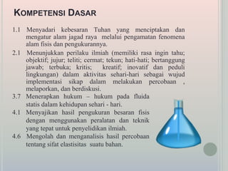 KOMPETENSI DASAR
1.1 Menyadari kebesaran Tuhan yang menciptakan dan
mengatur alam jagad raya melalui pengamatan fenomena
alam fisis dan pengukurannya.
2.1 Menunjukkan perilaku ilmiah (memiliki rasa ingin tahu;
objektif; jujur; teliti; cermat; tekun; hati-hati; bertanggung
jawab; terbuka; kritis; kreatif; inovatif dan peduli
lingkungan) dalam aktivitas sehari-hari sebagai wujud
implementasi sikap dalam melakukan percobaan ,
melaporkan, dan berdiskusi.
3.7 Menerapkan hukum – hukum pada fluida
statis dalam kehidupan sehari - hari.
4.1 Menyajikan hasil pengukuran besaran fisis
dengan menggunakan peralatan dan teknik
yang tepat untuk penyelidikan ilmiah.
4.6 Mengolah dan menganalisis hasil percobaan
tentang sifat elastisitas suatu bahan.
 