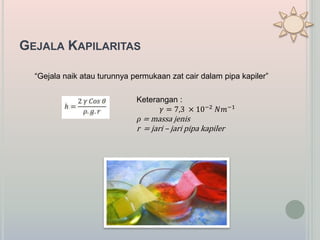 GEJALA KAPILARITAS
“Gejala naik atau turunnya permukaan zat cair dalam pipa kapiler”
Keterangan :
𝛾 = 7,3 × 10−2 𝑁𝑚−1
𝜌 = massa jenis
r = jari – jari pipa kapiler
 
