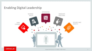 Copyright © 2015 Oracle and / or its affiliates. All rights reserved. 8
Enabling Digital Leadership
OMNI
CHANNEL
SECURITY AND
IDENTITY
INTEGRATION
IMMEDIATE
REACTIONS
BUSINESS
AGILITY
 