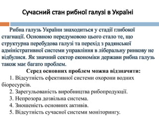 Рибна галузь України знаходиться у стадії глибокої
стагнації. Основною передумовою цього стало те, що
структурна перебудова галузі та перехід з радянської
адміністративної системи управління в ліберальну ринкову не
відбулися. Як значний сектор економіки держави рибна галузь
також має багато проблем.
Серед основних проблем можна відзначити:
1. Відсутність ефективної системи охорони водних
біоресурсів.
2. Зарегульованість виробництва рибопродукції.
3. Непрозора дозвільна система.
4. Зношеність основних активів.
5. Відсутність сучасної системи моніторингу.
 