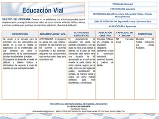 CONTACTOENLADIRECCIÓNGENERALDEDESARROLLOEDUCATIVO:
ELOINAROCHA BARRAÑÓN
Coordinación Técnica
dgde.area.tecnica@gmail.com teléfono 229 69 40/41 domicilio Av. Jesús Reyes Heroles S/N, Col. Nueva Aurora, Puebla, Pue.
DESCRIPCIÓN ARGUMENTACIÓN APA
ACTIVIDADES
ESPECÍFICAS
POBLACIÓN
OBJETIVO
CAPACIDAD DE
ATENCIÓN
COBERTURA
Se acude a la escuela para la
entrevista con las autoridades del
plantel, en la cual se realiza un
diagnostico de la problemática vial
que presenta así como el
planteamiento de la calendarización
del plan de actividades a realizar.
El programa se desarrolla a través de
pláticas y talleres lúdicos e
informativos de acuerdo al nivel de
estudios en que sea implementado.
APRENDIZAJE, el programa
se alinea con este objetivo,
logrando de esta manera que
los alumnos y alumnas
incluyendo a los docentes,
adquieran los conocimientos
que servirán como base para
una cultura vial.
El departamento de
educación vial asiste los
planteles educativos y en las
aulas da inicio a las platicas o
talleres, en el caso de nivel
preescolar cada sesión tiene
una duración de 45
aproximado en el cual se les
enseña la parte básica de
cómo caminar seguro por la
calle, como son las reglas del
peatón, identificación de
señales, de manera verbal y
lúdica; así como manejo
defensivo para nivel
Bachillerato y Universidad.
Escuelas Públicas
y/o privadas de
educación
obligatoria,
abordando a toda
la comunidad
estudiantil,
personal docente,
y padres de
familia.
120 Escuelas
anual.
Municipio de
Puebla, incluyendo
sus Juntas
Auxiliares.
OBJETIVO DEL PROGRAMA: Generar en los estudiantes una actitud responsable para el
desplazamiento y manejo de las normas viales, así como fomentar actitudes, hábitos, valores
y acciones positivas para participar en una cultura vial dentro y fuera de la institución.
PARTICIPACIÓN: Voluntaria
PROGRAMA: Municipal
DEPENDENCIA/ENLACE: Secretaría de Seguridad Públicay Tránsito
Municipal Puebla
ALINEACIÓN APA: Aprendizaje
Educación Vial
LÍNEA DE INTERVENCIÓN: Seguridad Escolar y Convivencia Sana
 