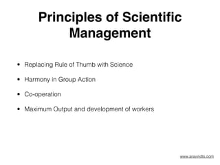 Principles of Scientiﬁc
Management
• Replacing Rule of Thumb with Science
• Harmony in Group Action
• Co-operation
• Maximum Output and development of workers  
 
 
 
www.aravindts.com
 