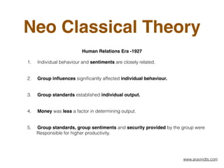 Neo Classical Theory
Human Relations Era -1927
1. Individual behaviour and sentiments are closely related.  
2. Group inﬂuences signiﬁcantly affected individual behaviour.  
3. Group standards established individual output.  
4. Money was less a factor in determining output.  
5. Group standards, group sentiments and security provided by the group were  
Responsible for higher productivity.  
www.aravindts.com
 