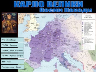 774г - Ломгобарди
772-785г - Саксонци
778-796г – Арапски калифат
791-803г - Авари и Словени
Последен поход – Данци
808г – Чеси
 