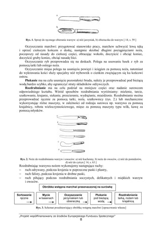„Projekt współfinansowany ze środków Europejskiego Funduszu Społecznego”
8
Rys. 1. Sprzęt do ręcznego obierania warzyw: a) nóż jarzyniak, b) obieraczka do warzyw [ 14, s. 59 ]
Oczyszczanie marchwi: przygotować stanowisko pracy, marchew uchwycić lewą ręką
i oprzeć cieńszym końcem o deskę, następnie skrobać długimi pociągnięciami noża,
począwszy od nasady do cieńszej części, obracając wokoło, doczyścić i obciąć koniec,
doczyścić gruby koniec, obciąć nasadę liści.
Oczyszczanie ryb przeprowadza się na deskach. Polega na usuwaniu łusek z ryb za
pomocą tarki lub ostrego noża.
Oczyszczanie mięsa polega na usunięciu powięzi i ścięgien za pomocą noża, natomiast
do wykrawania kości służy specjalny nóż trybownik o cienkim zwężającym się ku końcowi
ostrzu.
Płukanie ma na celu usunięcie pozostałości brudu, należy je przeprowadzać pod bieżącą
wodą bardzo szybko, aby ograniczyć straty składników odżywczych.
Rozdrabnianie ma na celu podział na mniejsze części oraz nadanie surowcom
odpowiedniego kształtu. Wśród sposobów rozdrabniania wyróżniamy: mielenie, tarcie,
szatkowanie, krajanie, siekanie, przecieranie, wydrążanie, miażdżenie. Rozdrabnianie można
przeprowadzać ręcznie za pomocą tarki, noża, szatkownicy (rys. 2.) lub mechanicznie
wykorzystując różne maszyny, w zależności od rodzaju surowca np. warzywa za pomocą
krajalnicy, robota wieloczynnościowego, mięso za pomocą maszyny typu wilk, kawę za
pomocą młynków.
Rys. 2. Noże do rozdrabniania warzyw i owoców: a) nóż kuchenny, b) noże do owoców, c) nóż do pomidorów,
d) nóż do cytryn [ 14, s. 63 ]
Rozdrabniając warzywa nożem wykonujemy następujące ruchy:
− ruch odrywany, podczas krojenia w poprzeczne paski i plastry,
− ruch falisty, podczas krojenia w drobne paski,
− ruch piłujący podczas rozdrabniania soczystych, delikatnych i miękkich warzyw
i owoców.
Rys. 3. Schemat przedstawiający obróbkę wstępną marchwi [opracowanie własne]
Sortowanie
ręczne
Płukanie
pod bieżącą
wodą
Obróbka wstępna marchwi przeznaczonej na surówkę
Rozdrabnianie
tarką, nożem lub
krajalnicą
Mycie
w basenach
Oczyszczanie
jarzyniakiem lub
obieraczką
 