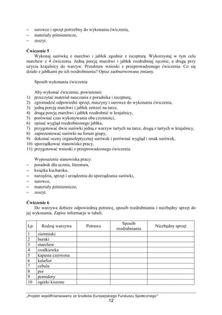 „Projekt współfinansowany ze środków Europejskiego Funduszu Społecznego”
12
− surowce i sprzęt potrzebny do wykonania ćwiczenia,
− materiały piśmiennicze,
− zeszyt.
Ćwiczenie 5
Wykonaj surówkę z marchwi i jabłek zgodnie z recepturą. Wykorzystaj w tym celu
marchew z 4 ćwiczenia. Jedną porcję marchwi i jabłek rozdrabniaj ręcznie, a drugą przy
użyciu krajalnicy do warzyw. Przedstaw wnioski z przeprowadzonego ćwiczenia. Co się
działo z jabłkami po ich rozdrobnieniu? Opisz zaobserwowane zmiany.
Sposób wykonania ćwiczenia
Aby wykonać ćwiczenie, powinieneś:
1) przeczytać materiał nauczania z poradnika i recepturę,
2) zgromadzić odpowiedni sprzęt, maszyny i surowce do wykonania ćwiczenia,
3) jedną porcję marchwi i jabłek zetrzeć na tarce,
4) drugą porcję marchwi i jabłek rozdrobnić w krajalnicy,
5) porównać czas wykonywania obu czynności,
6) opisać wygląd rozdrobnionego jabłka,
7) przygotować dwie surówki jedną z warzyw tartych na tarce, drugą z tartych w krajalnicy,
8) zaprezentować surówki na forum grupy,
9) dokonać oceny organoleptycznej surówek i porównać wygląd i smak surówek,
10) uporządkować stanowisko pracy,
11) przygotować wnioski z przeprowadzonego ćwiczenia.
Wyposażenie stanowiska pracy:
− poradnik dla ucznia, literatura,
− książka kucharska,
− narzędzia, sprzęt i urządzenia do sporządzania surówki,
− surowce,
− materiały piśmiennicze,
− zeszyt.
Ćwiczenie 6
Do warzywa dobierz odpowiednią potrawę, sposób rozdrabniania i niezbędny sprzęt do
jej wykonania. Zapisz informacje w tabeli.
Lp. Rodzaj warzywa Potrawa
Sposób
rozdrabniania
Niezbędny sprzęt
1 ziemniaki
2 buraki
3 marchew
4 rzodkiewka
5 kapusta czerwona
6 kalafior
7 cebula
8 por
9 pomidory
10 ogórki kiszone
 